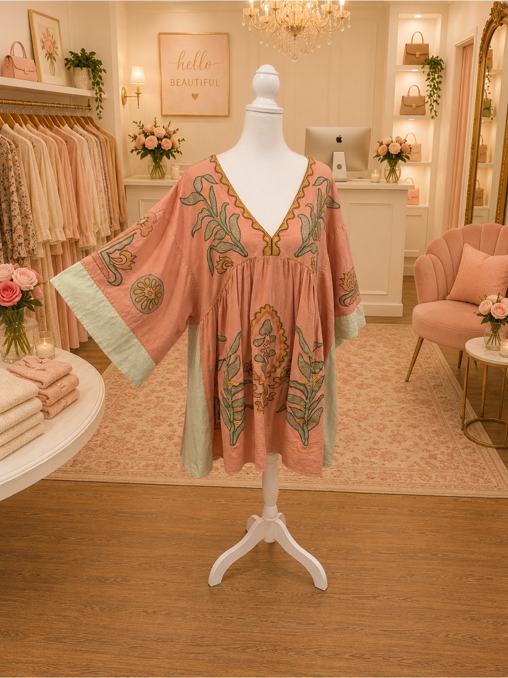 Sunday Up Embroidered Babydoll Dress Medium Terracotta Green Boho Floral